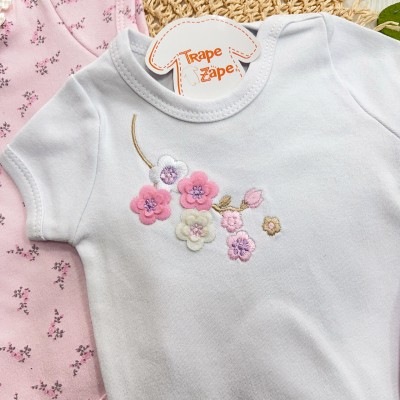 Conj. de Malha 3 peças - Galhinhos de Flores - Rosa e Branco